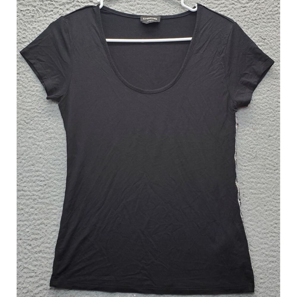 bebe T Shirt Top Womens Medium Black Side Beaded Stretch Short Sleeve Round Neck